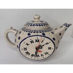 Beautiful Handmade Polish Pottery Clock Teapot Blue White Made In Poland